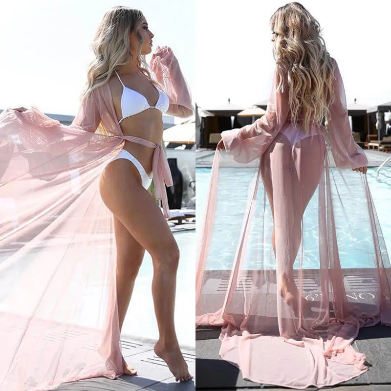 Beach Cover Up Mesh Long Sleeve Maxi Dress