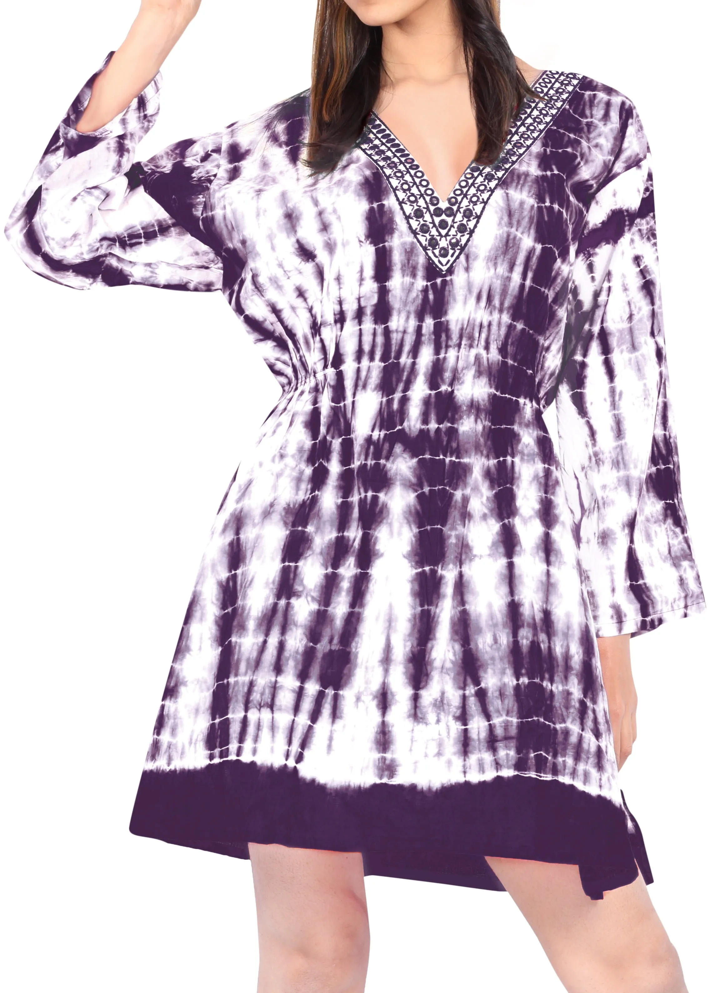 Beachwear Swim Long Sleeves Cotton Caftan Cover up Dress Top Cruise Wear Violet