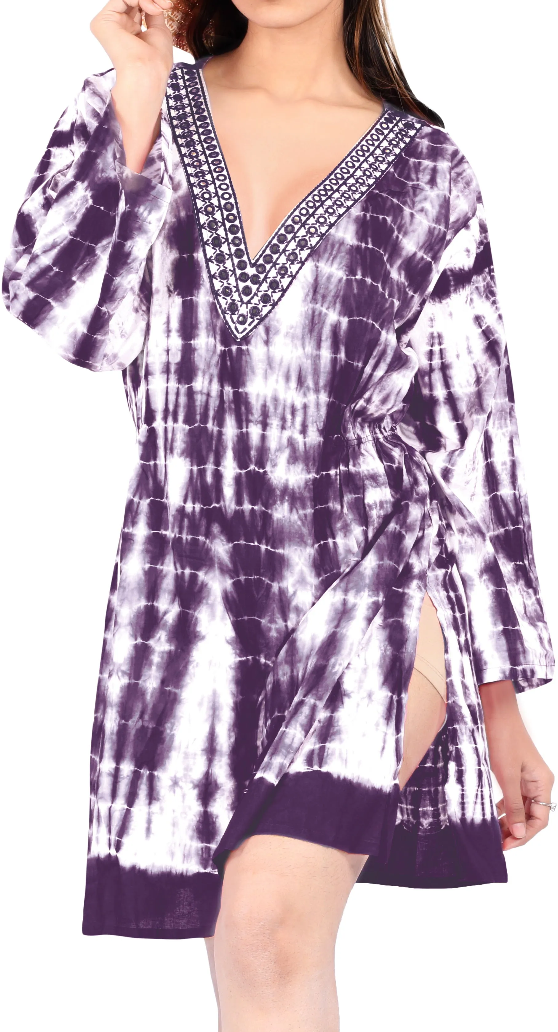 Beachwear Swim Long Sleeves Cotton Caftan Cover up Dress Top Cruise Wear Violet