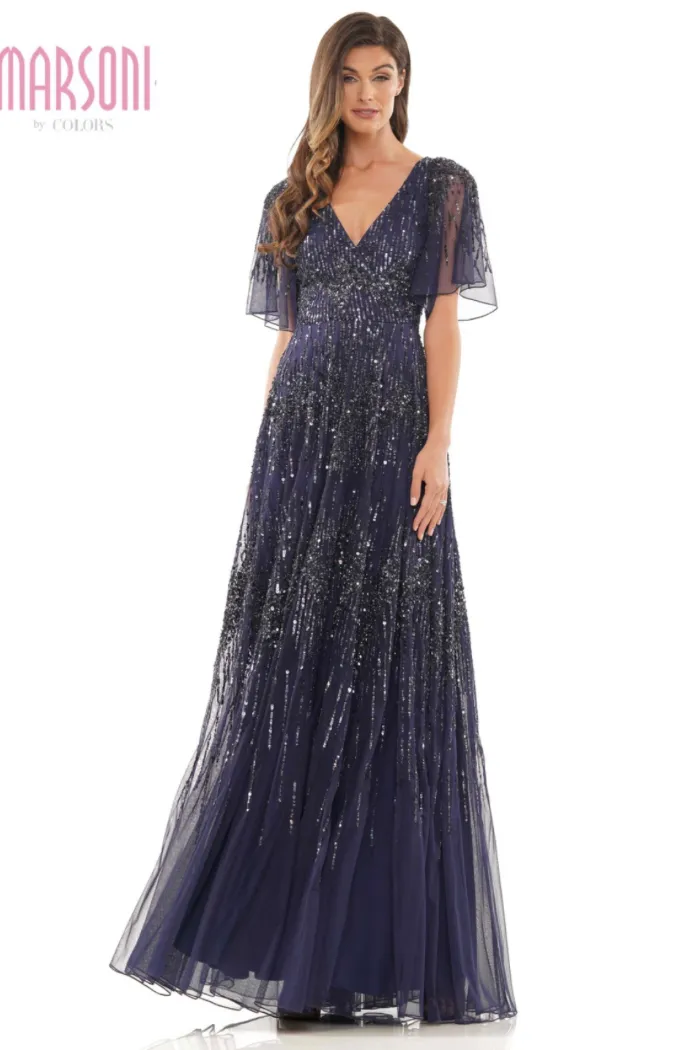 Beaded Flutter Sleeve Gown