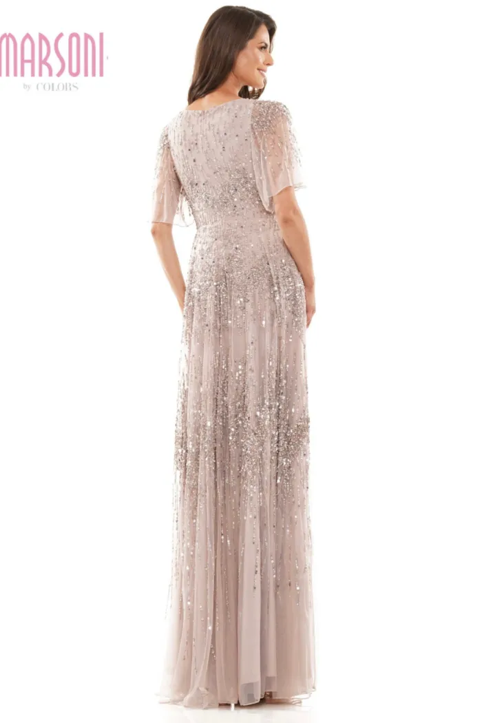 Beaded Flutter Sleeve Gown