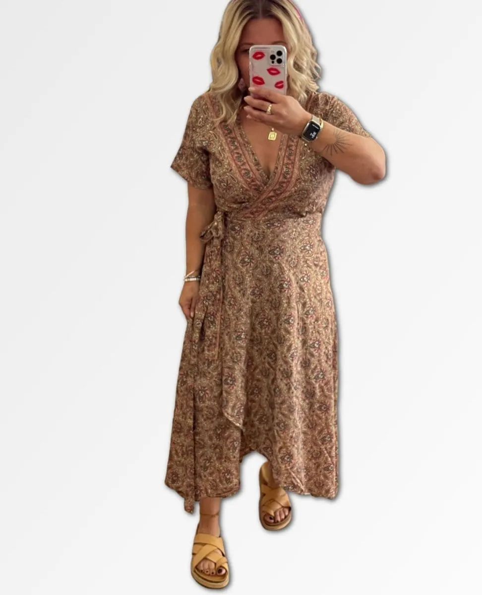 Beige Gold Print Wrap Dress