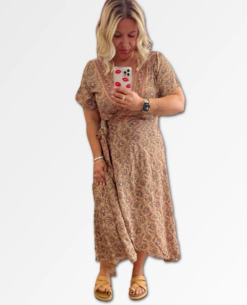 Beige Gold Print Wrap Dress