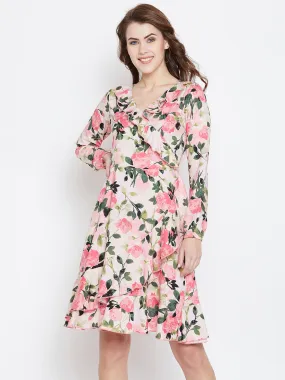 Berrylush Women Pink & Green Floral Printed V-Neck Back Tie-Knot Fit & Flare Midi Dress