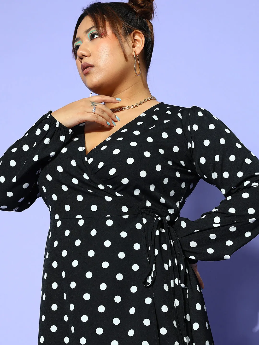 Berrylush Women Plus Size Black & White Polka Dot Printed V-Neck Waist Tie-Up Crepe Flared Wrap Mini Dress