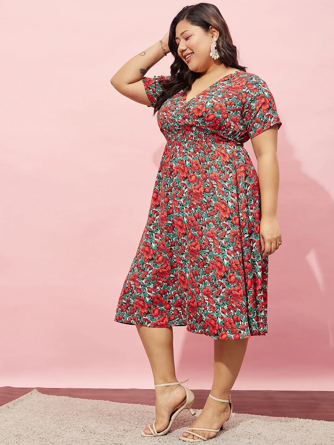 Berrylush Women Plus Size Red & Green Floral Printed V-Neck Crepe Flared Wrap Midi Dress