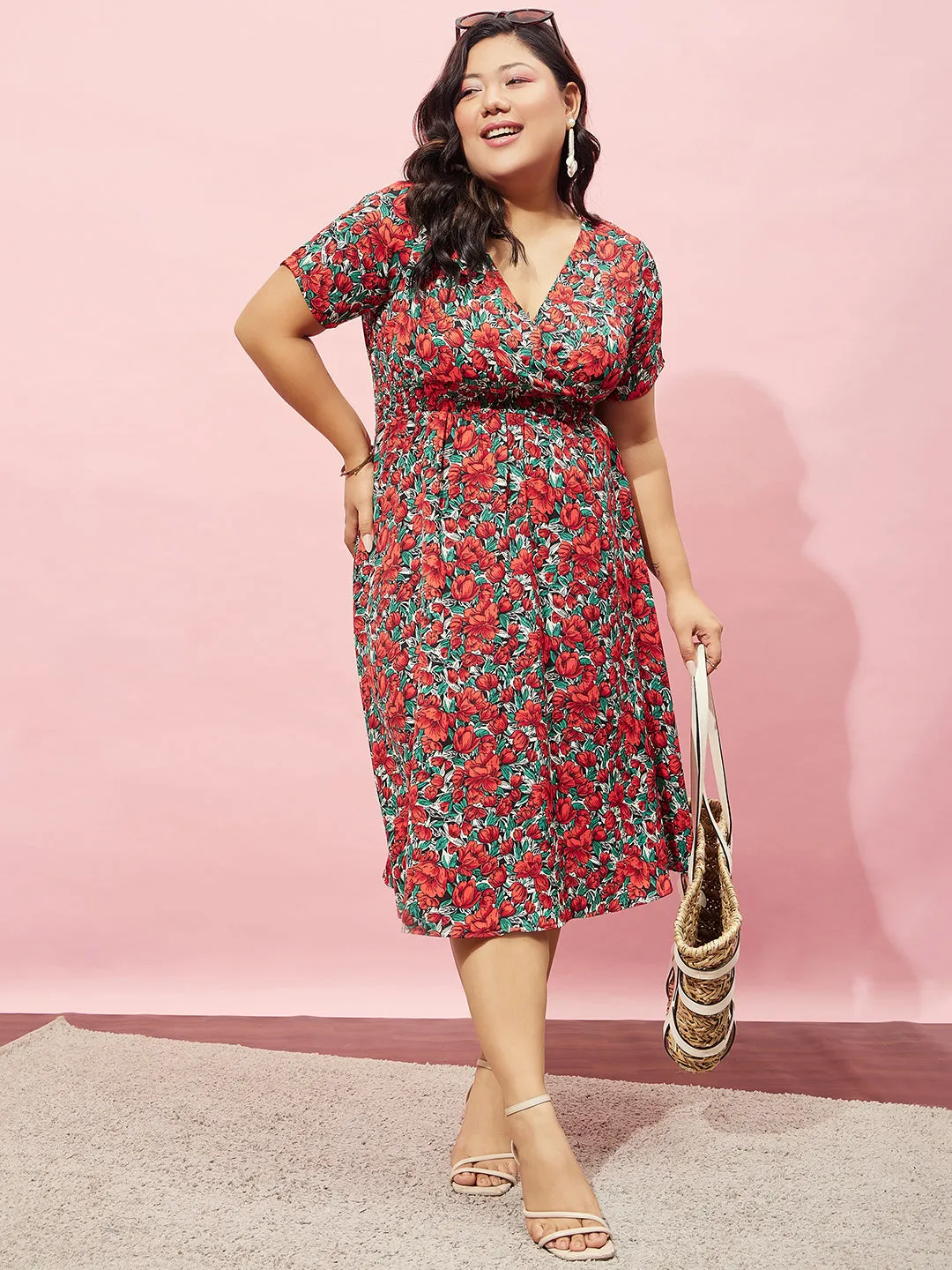 Berrylush Women Plus Size Red & Green Floral Printed V-Neck Crepe Flared Wrap Midi Dress