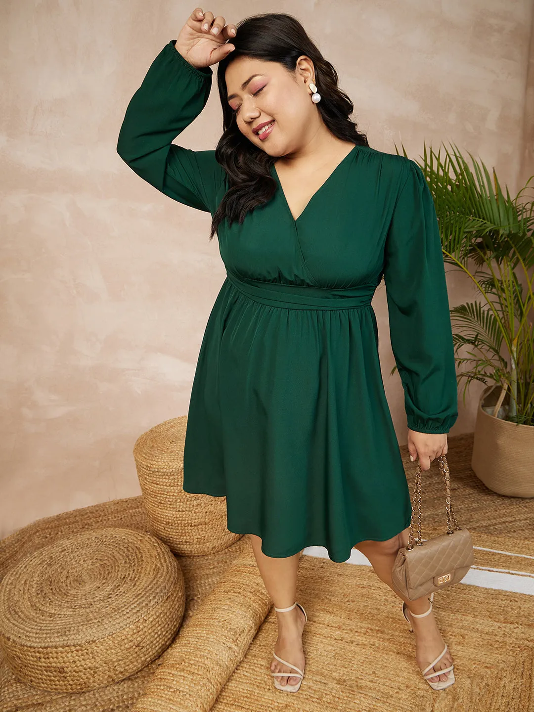 Berrylush Women Plus Size Solid Green V-Neck Lantern Sleeve Smocked Wrap Mini Dress