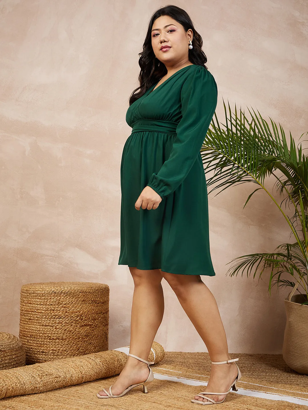 Berrylush Women Plus Size Solid Green V-Neck Lantern Sleeve Smocked Wrap Mini Dress