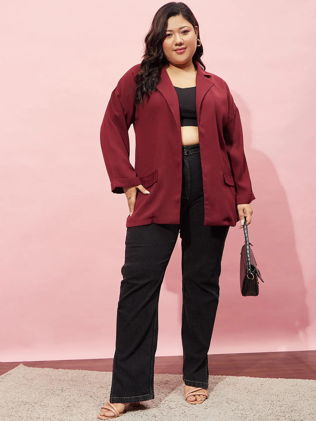 Berrylush Women Plus Size Solid Maroon Notched Lapel Neck Long Sleeve Open Front Longline Blazer