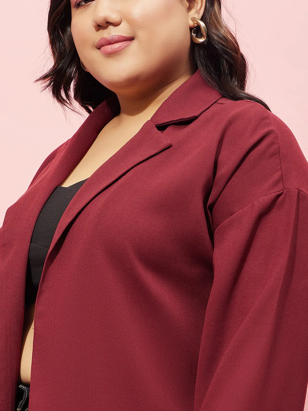 Berrylush Women Plus Size Solid Maroon Notched Lapel Neck Long Sleeve Open Front Longline Blazer