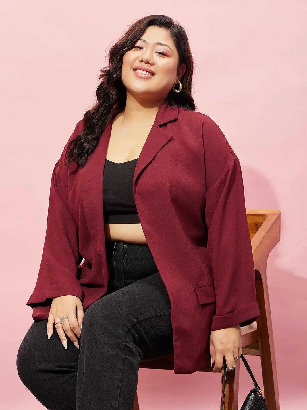 Berrylush Women Plus Size Solid Maroon Notched Lapel Neck Long Sleeve Open Front Longline Blazer