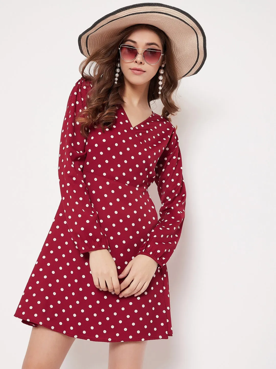 Berrylush Women Red & White Polka Dot Printed Wrap Mini Dress