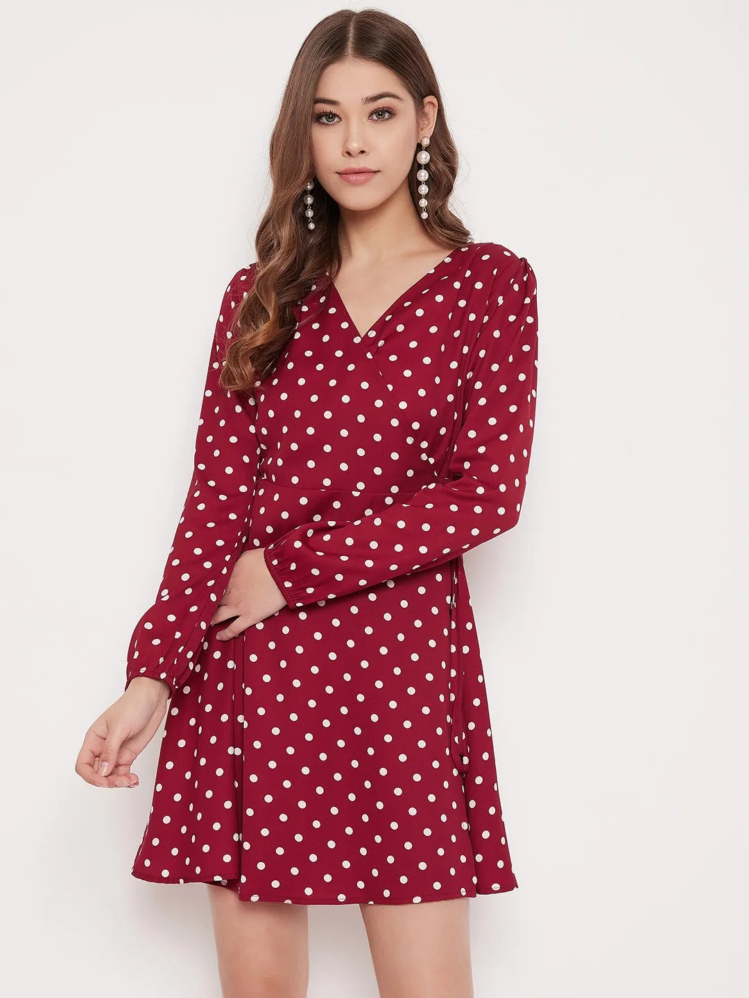 Berrylush Women Red & White Polka Dot Printed Wrap Mini Dress