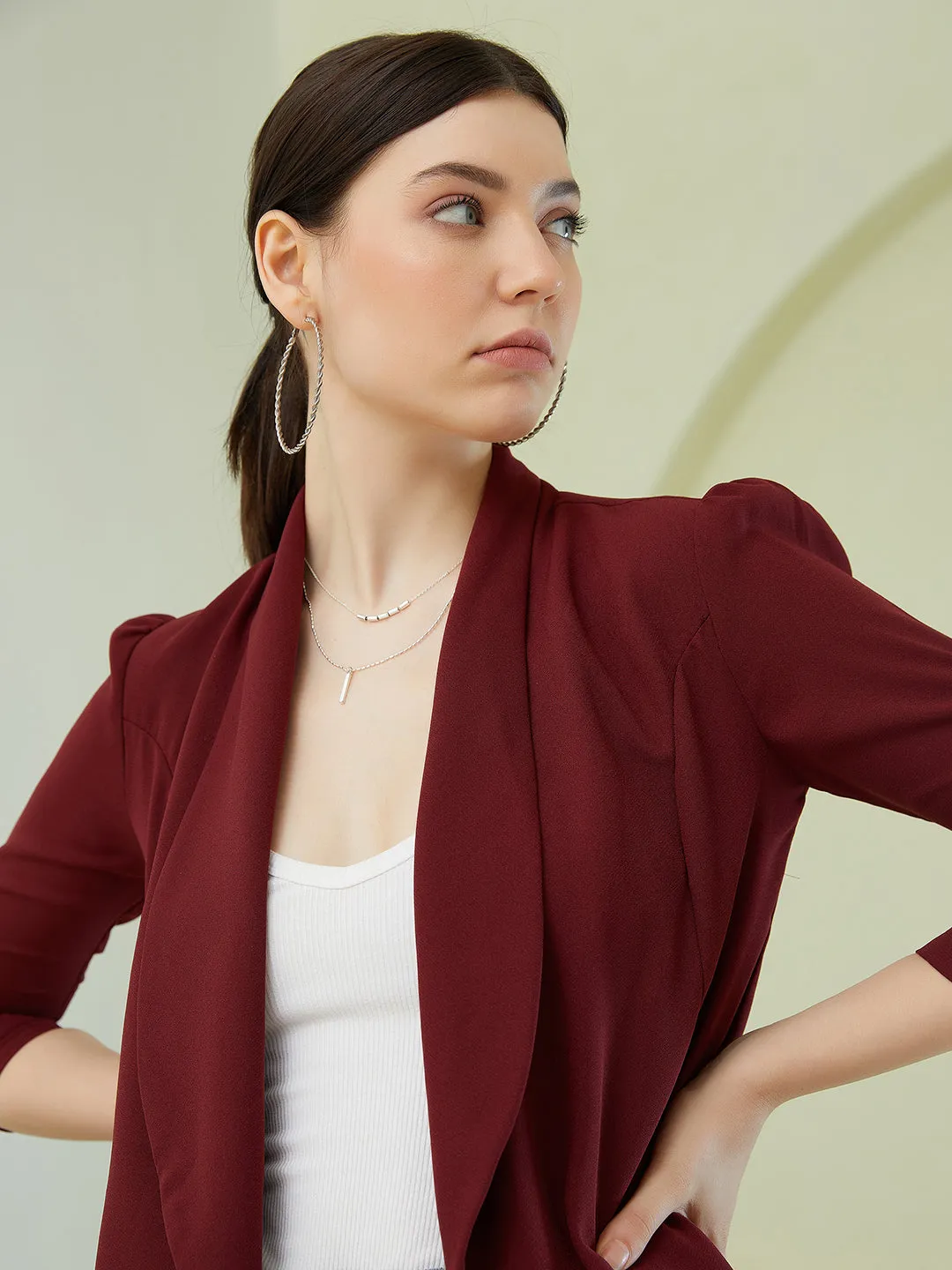 Berrylush Women Solid Maroon Shawl Collar Neck Long Sleeves Open-Front Regular Blazer