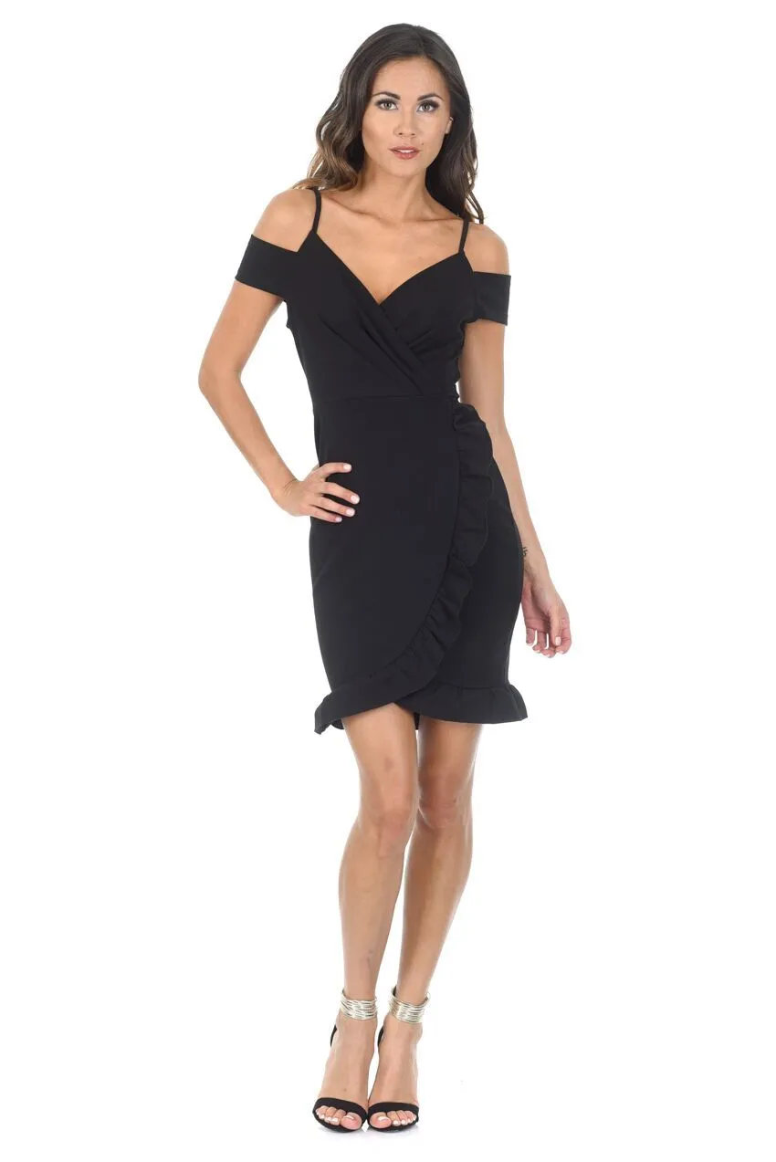 Black Cold Shoulder Wrap Mini Dress