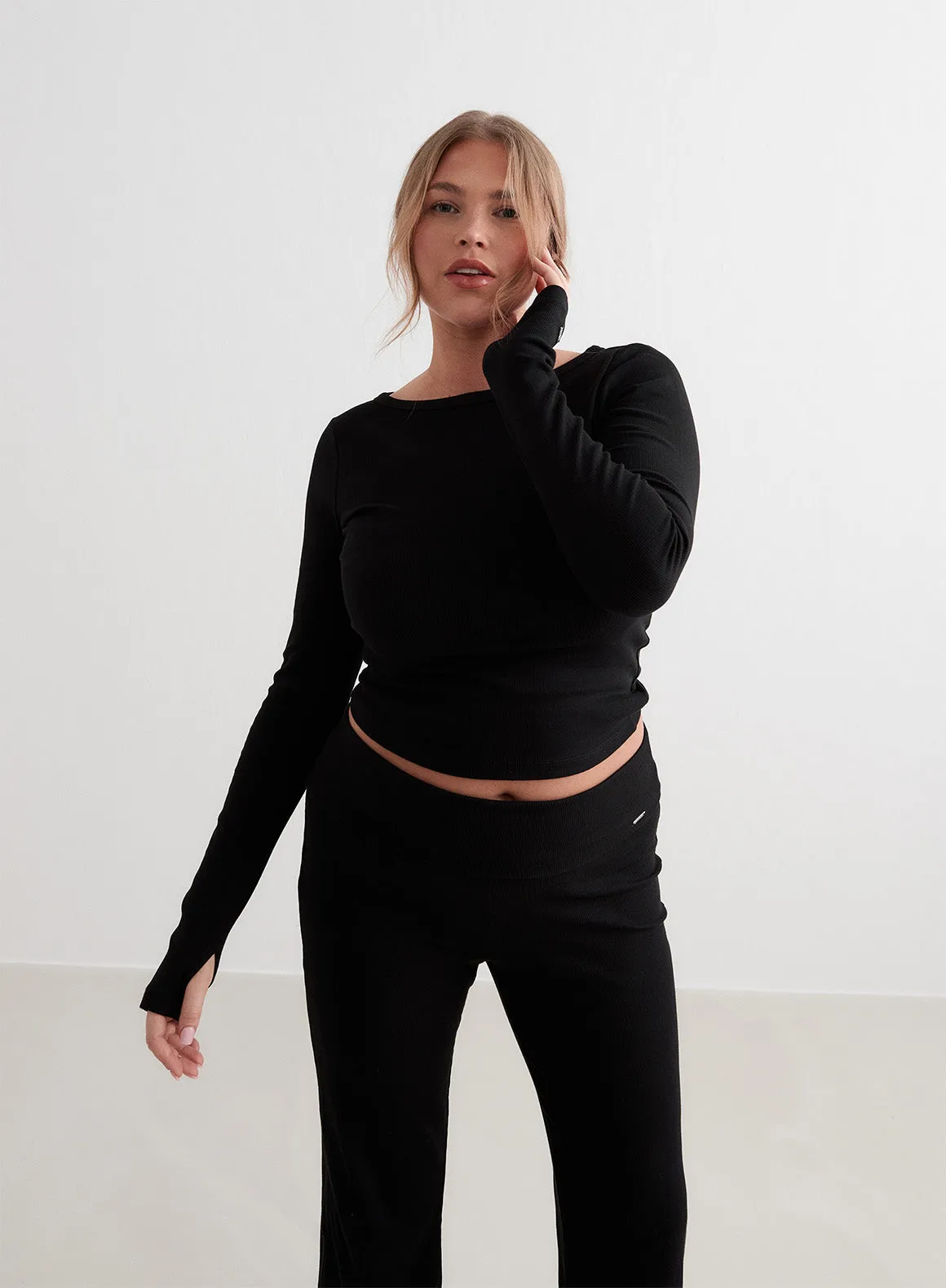 Black Ease Ribbed Long Sleeve Top