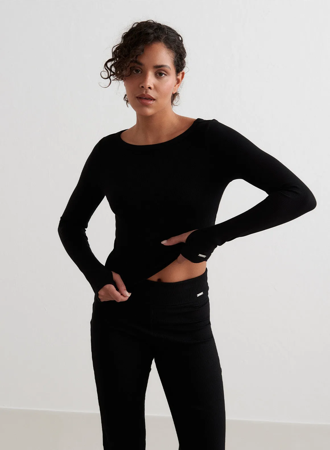 Black Ease Ribbed Long Sleeve Top