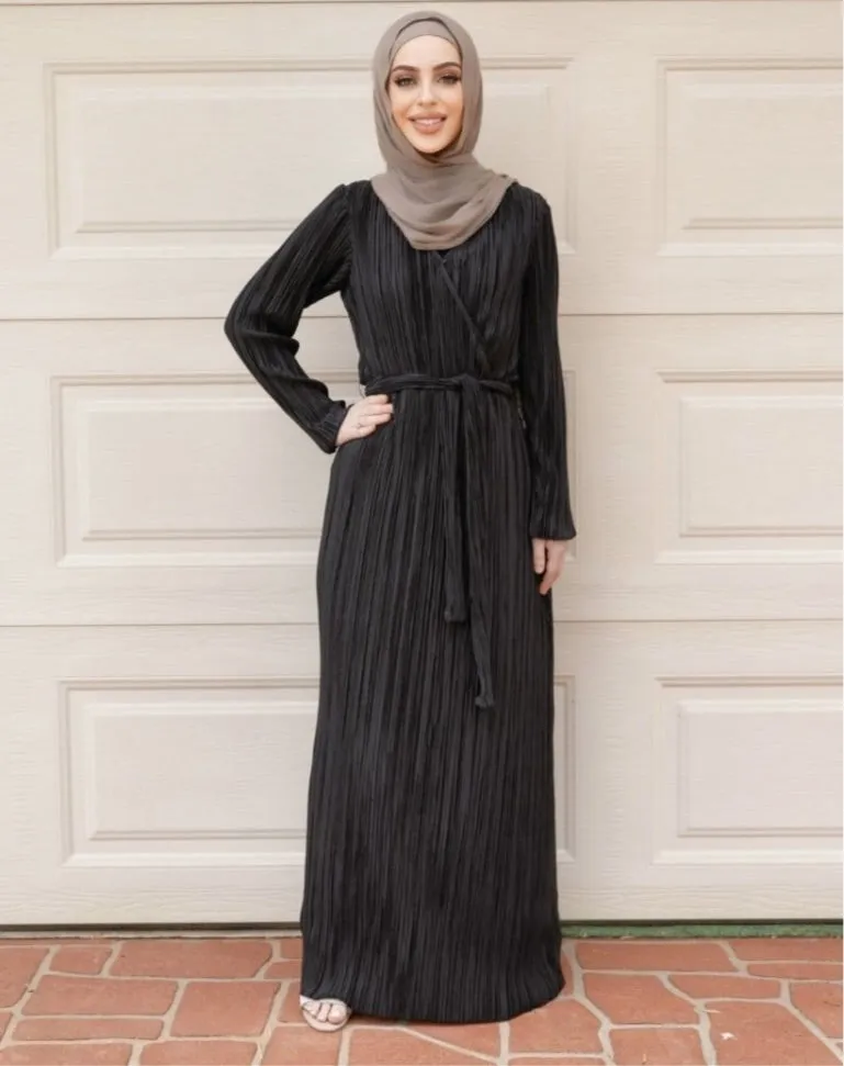 Black Pleated Wrap Dress