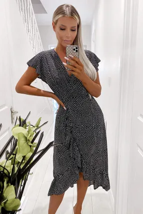 Black Polka Dot Ruffle Wrap Midi Dress