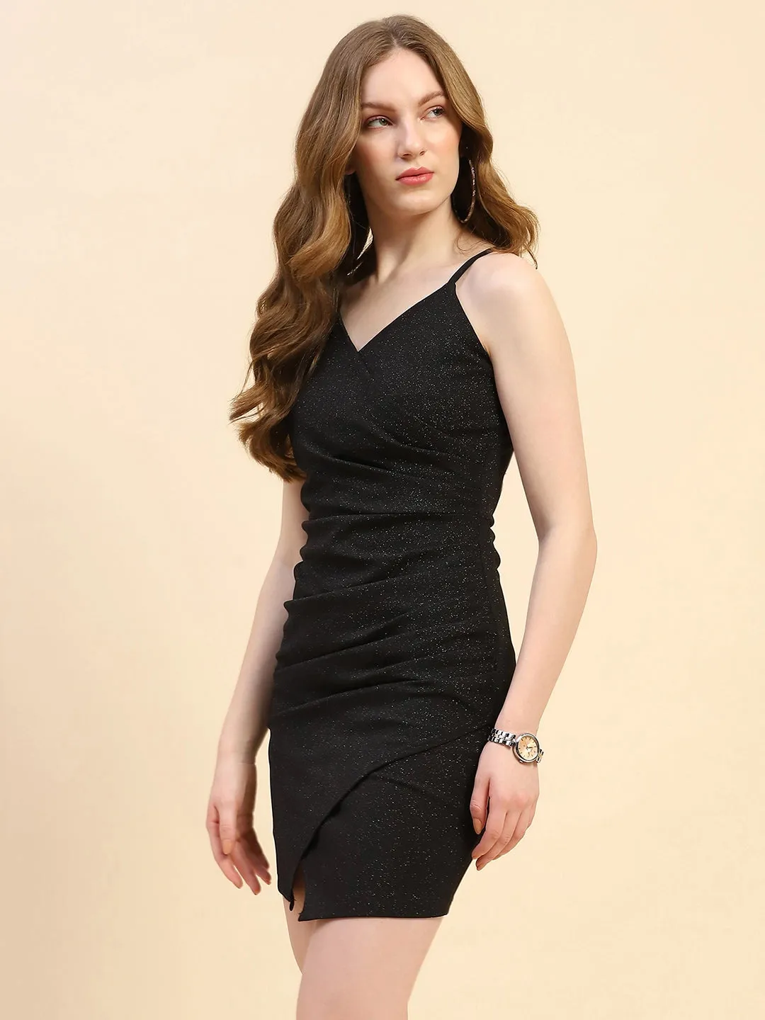 Black Sparkle Solid Poly Blend Slim Fit Mini Dress