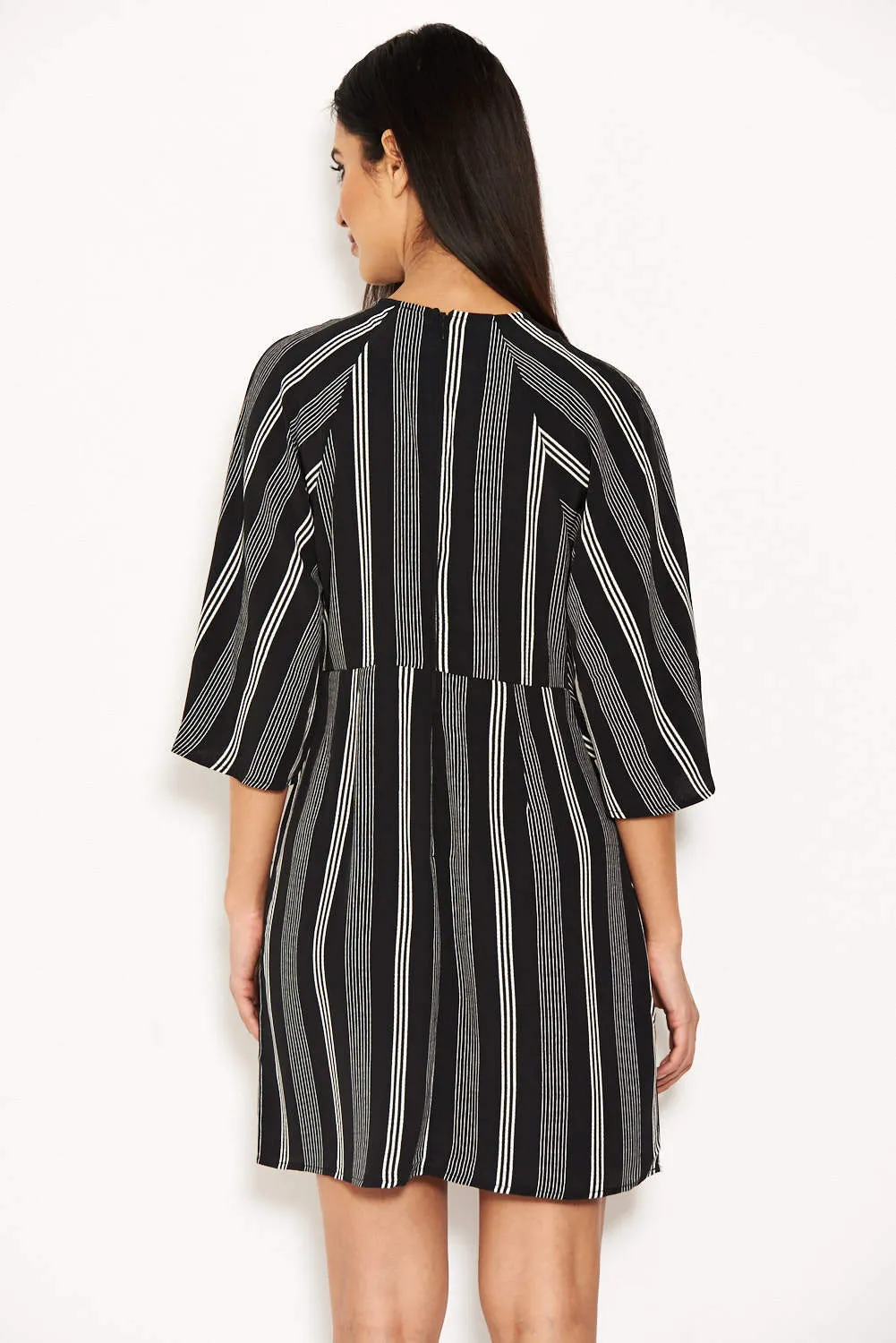 Black Striped Wrap Mini Dress With Tie Front