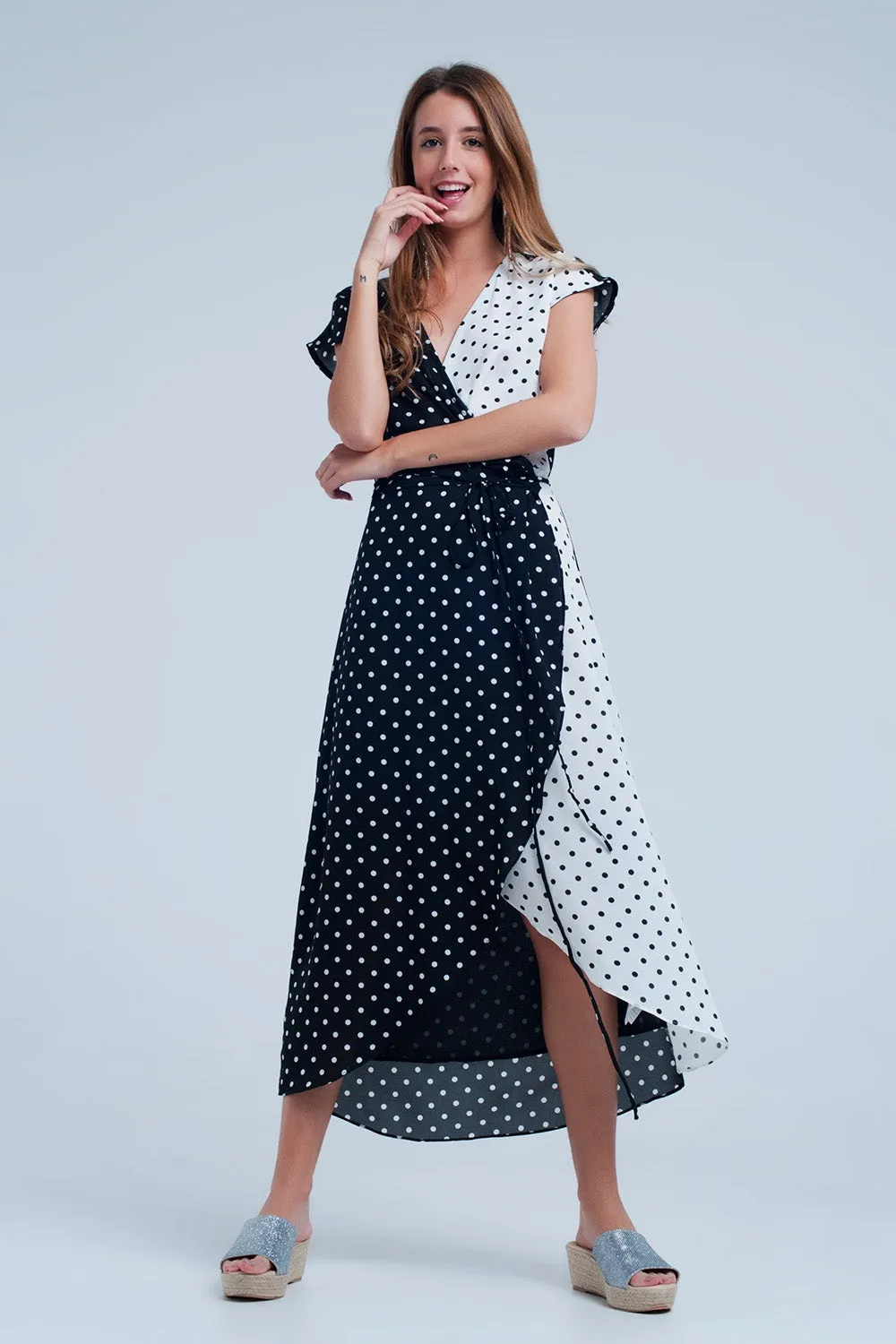 Black White Wrap Dress With Polka Dots