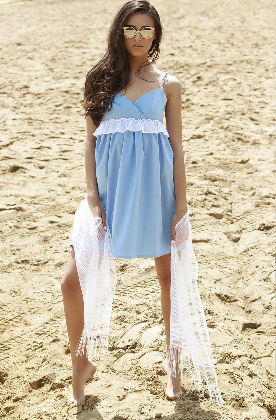 Blue cotton mini dress with ruffle