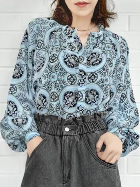 Blue Paisley Stand Collar Blouson Sleeve Silky Blouse