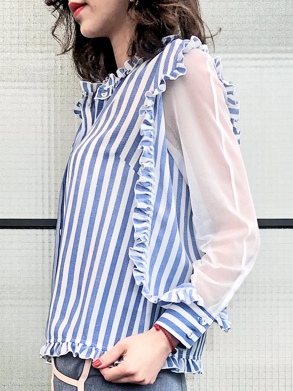 Blue Stripe Mesh Layered Sleeve Ruffle Cotton Blend Blouse