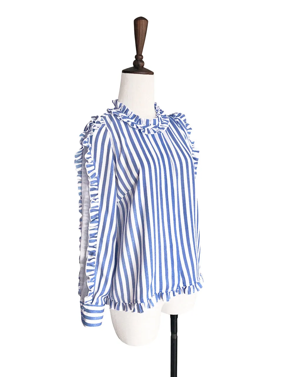 Blue Stripe Mesh Layered Sleeve Ruffle Cotton Blend Blouse