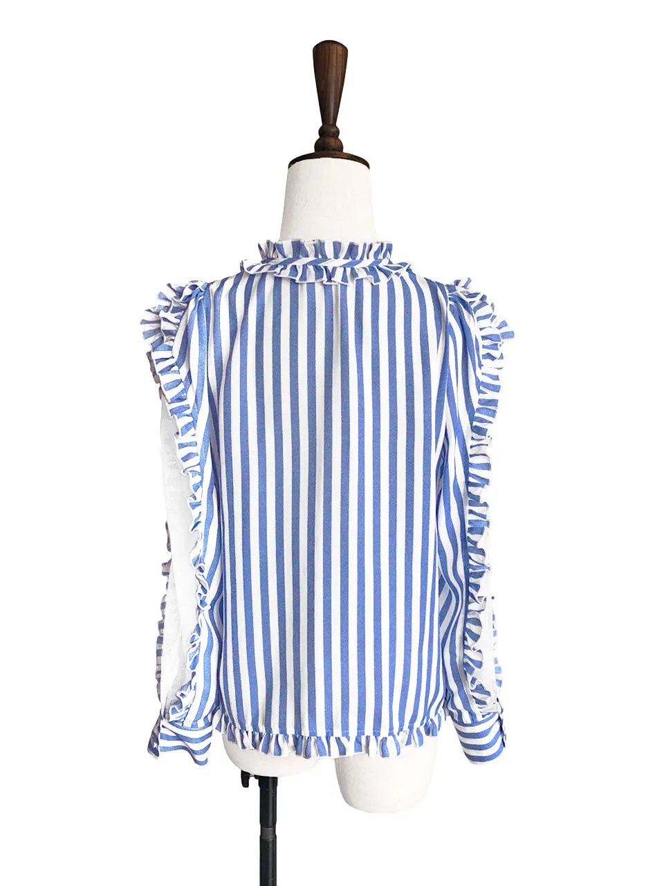 Blue Stripe Mesh Layered Sleeve Ruffle Cotton Blend Blouse