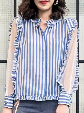 Blue Stripe Mesh Layered Sleeve Ruffle Cotton Blend Blouse