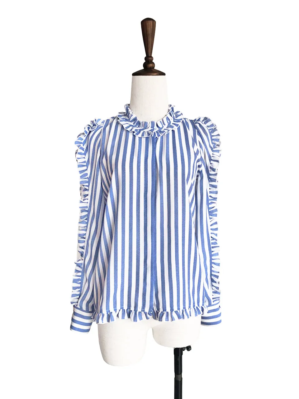 Blue Stripe Mesh Layered Sleeve Ruffle Cotton Blend Blouse