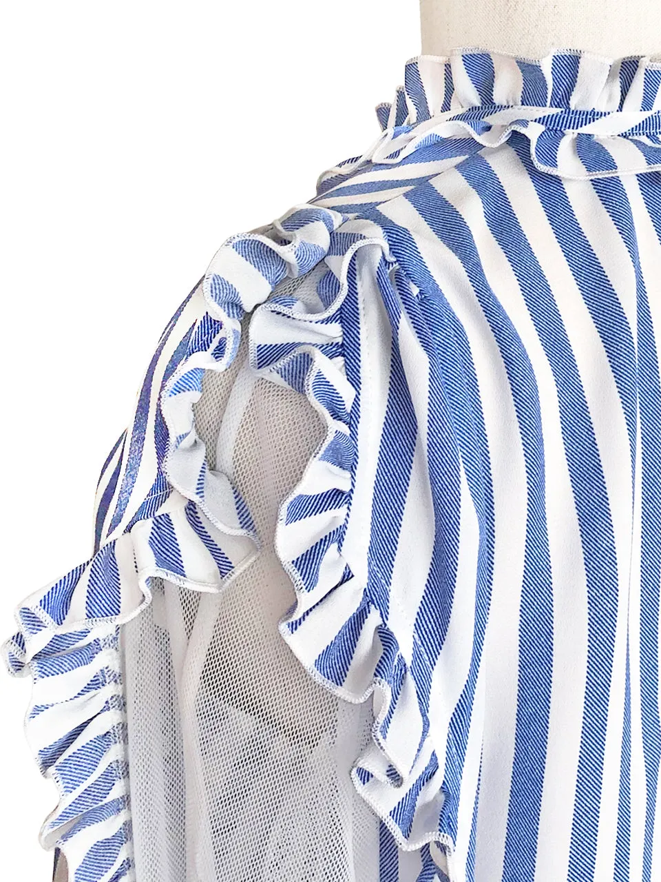 Blue Stripe Mesh Layered Sleeve Ruffle Cotton Blend Blouse