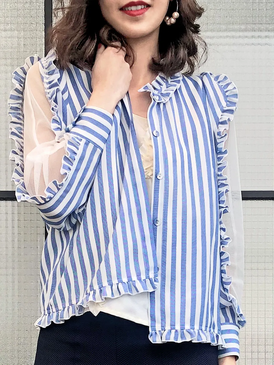 Blue Stripe Mesh Layered Sleeve Ruffle Cotton Blend Blouse