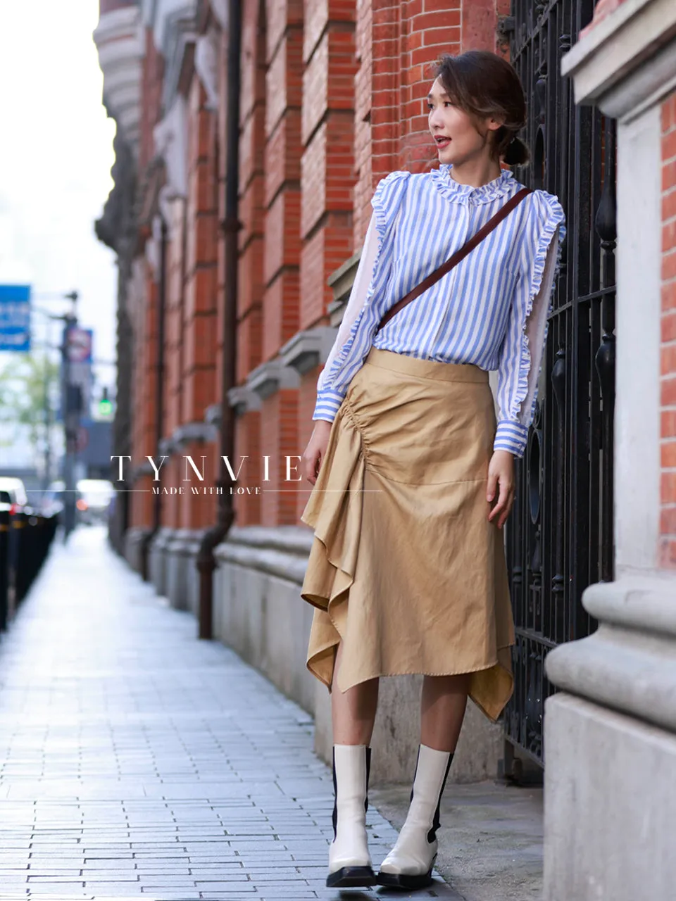 Blue Stripe Mesh Layered Sleeve Ruffle Cotton Blend Blouse