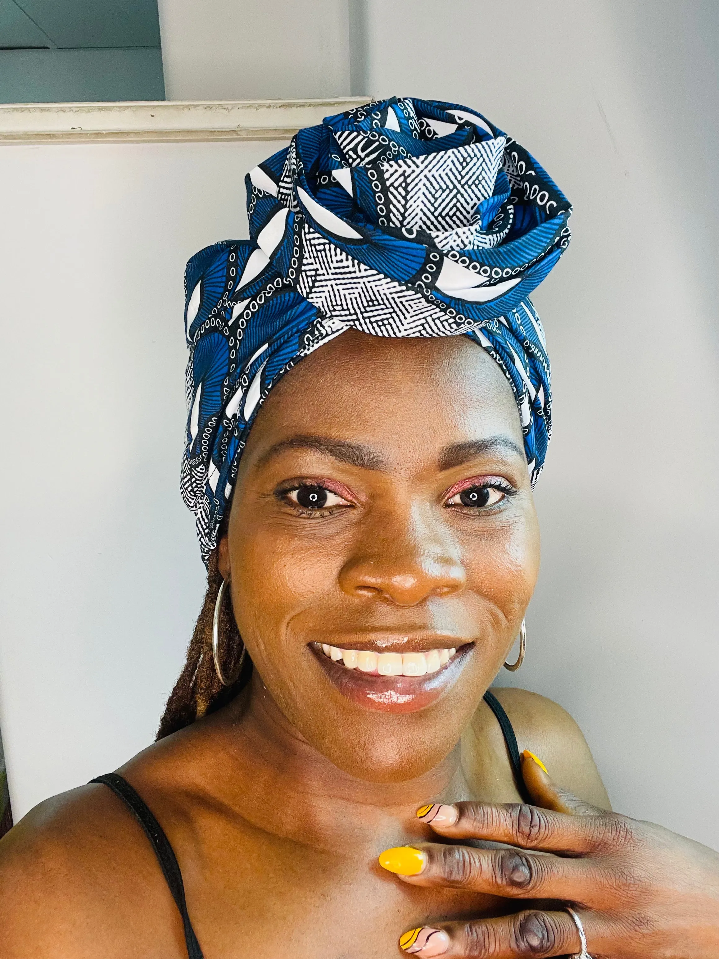 Blue White Satin Lined Pre-tied Head Wrap