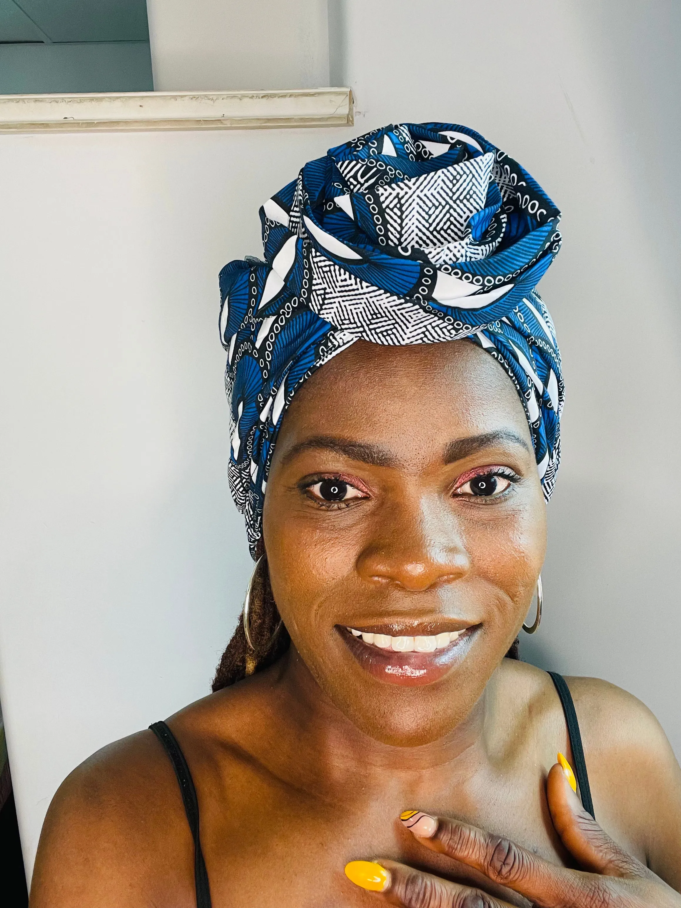 Blue White Satin Lined Pre-tied Head Wrap