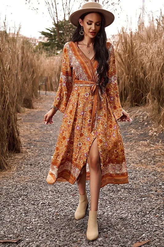 Border Boho Wrap Midi Dress