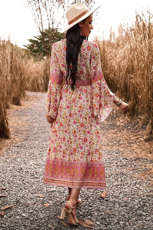 Border Boho Wrap Midi Dress