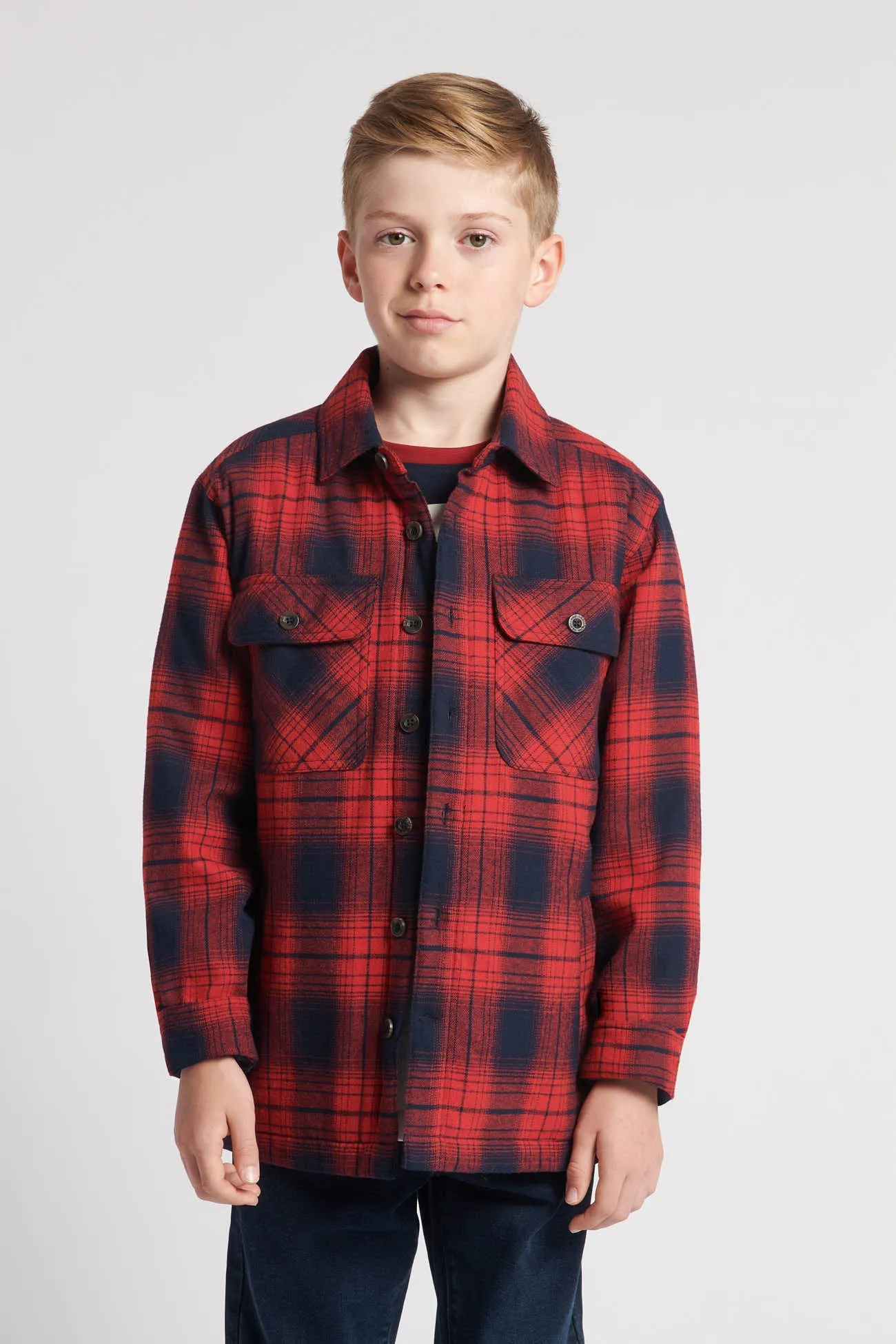 Boys Check Lined Shacket in Haute Red