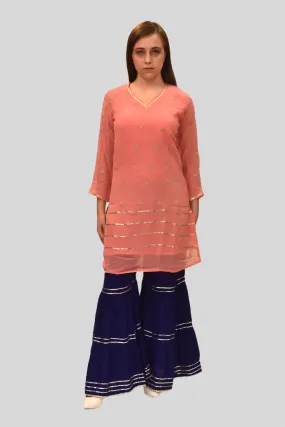 Chiffon Cotton Two Toned Salmon Pink Striped With Embroidered Kurti