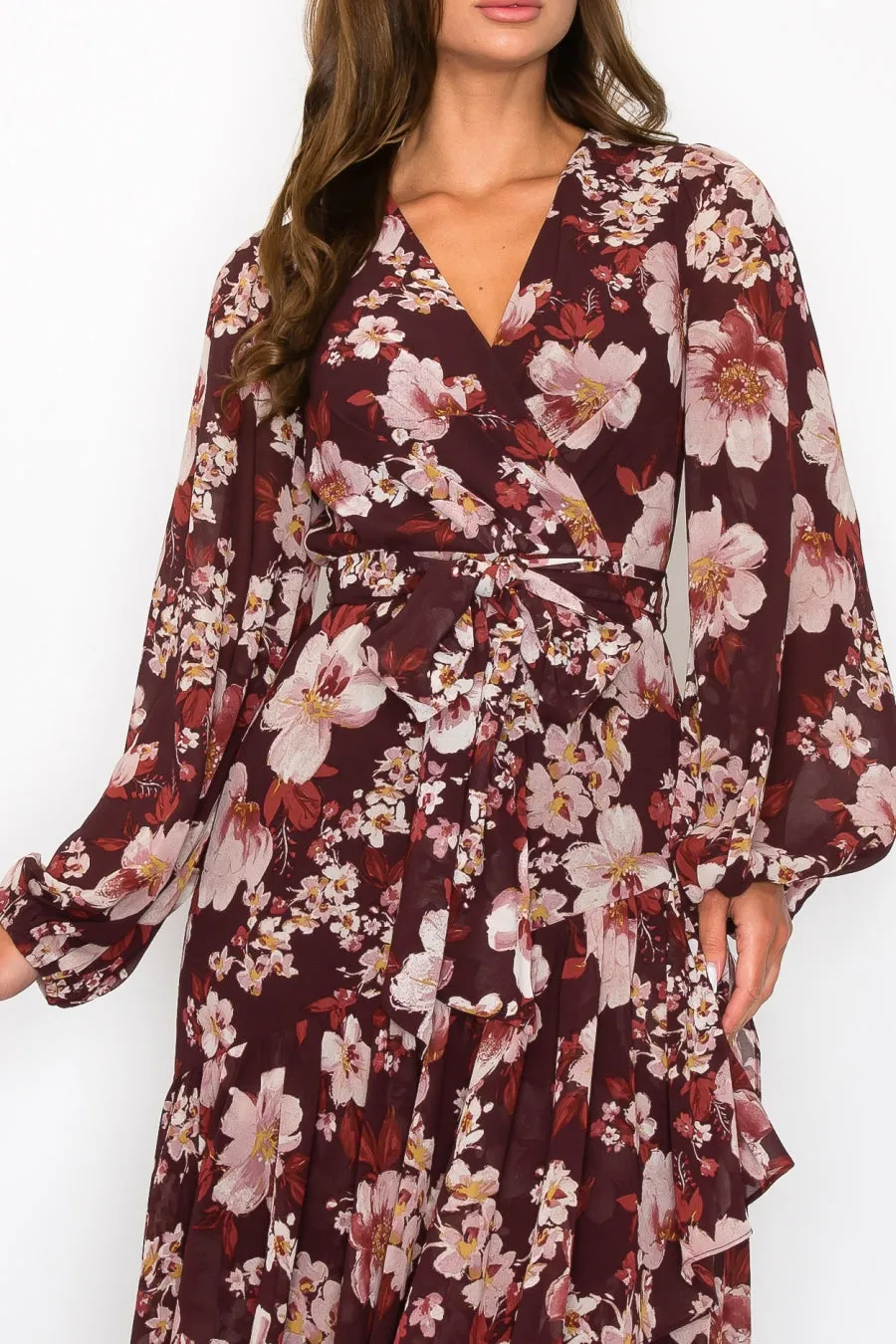 CHIFFON FLORAL LONG SLEEVE WRAP V-NECK MAXI DRESS