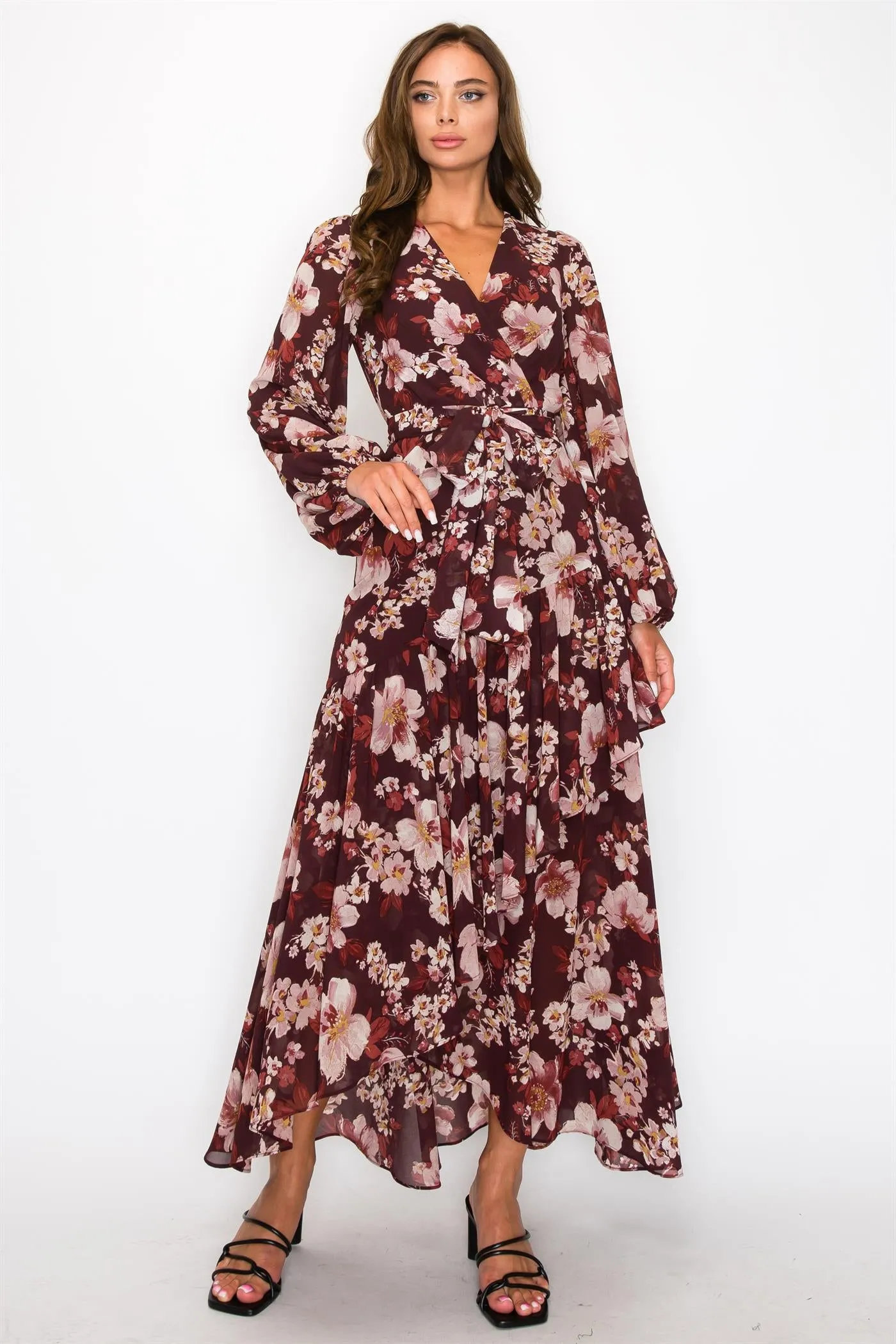 CHIFFON FLORAL LONG SLEEVE WRAP V-NECK MAXI DRESS