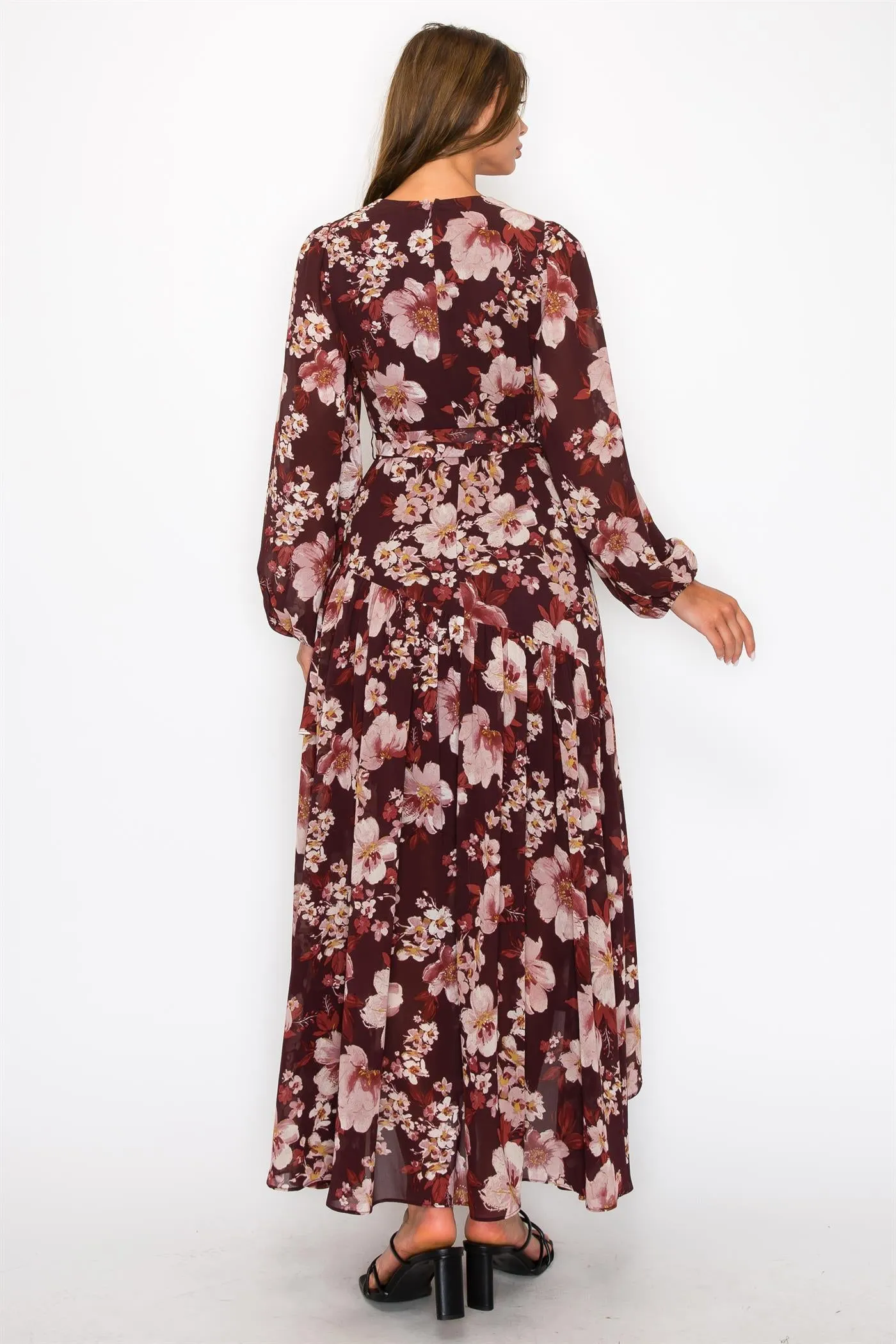 CHIFFON FLORAL LONG SLEEVE WRAP V-NECK MAXI DRESS