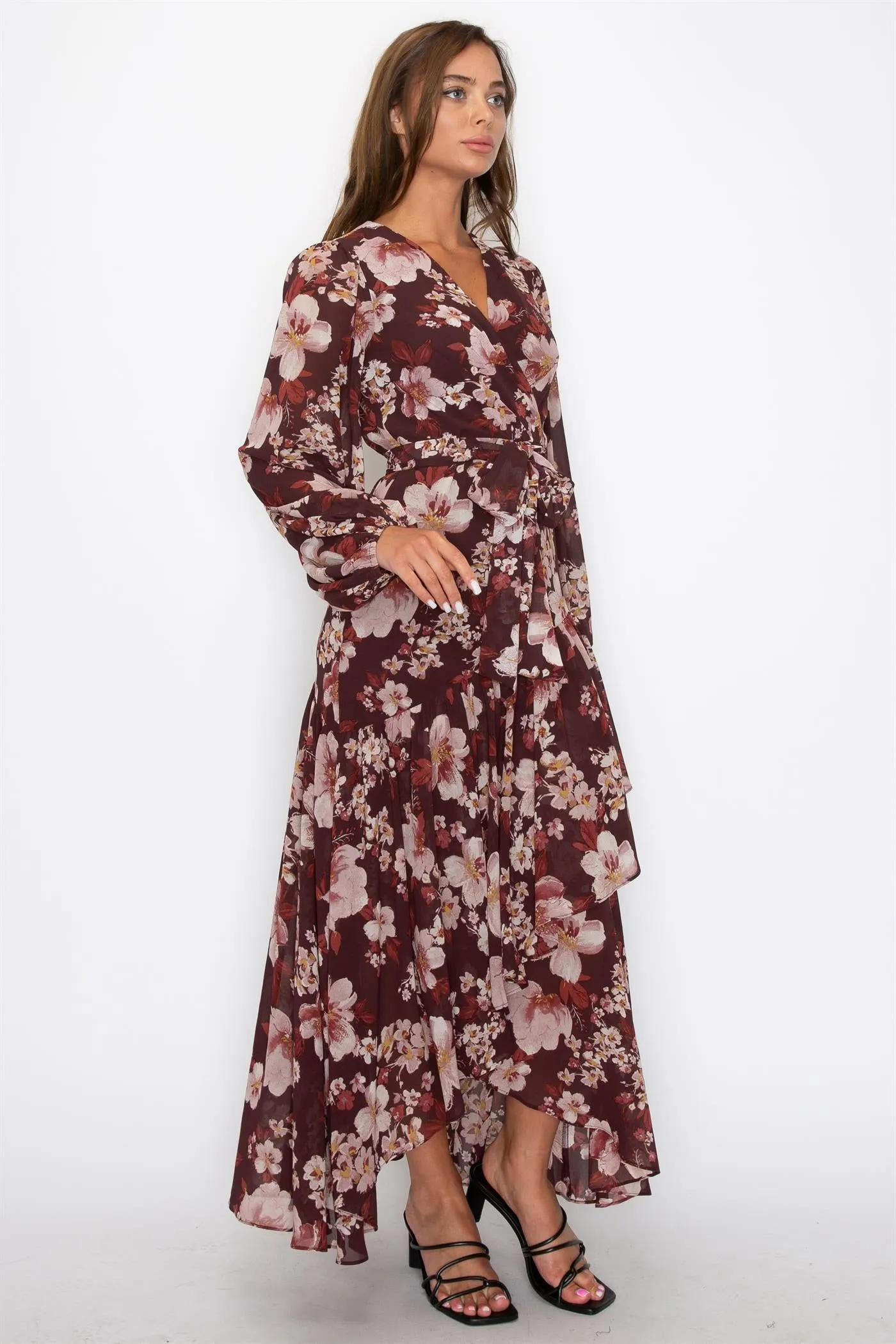 CHIFFON FLORAL LONG SLEEVE WRAP V-NECK MAXI DRESS