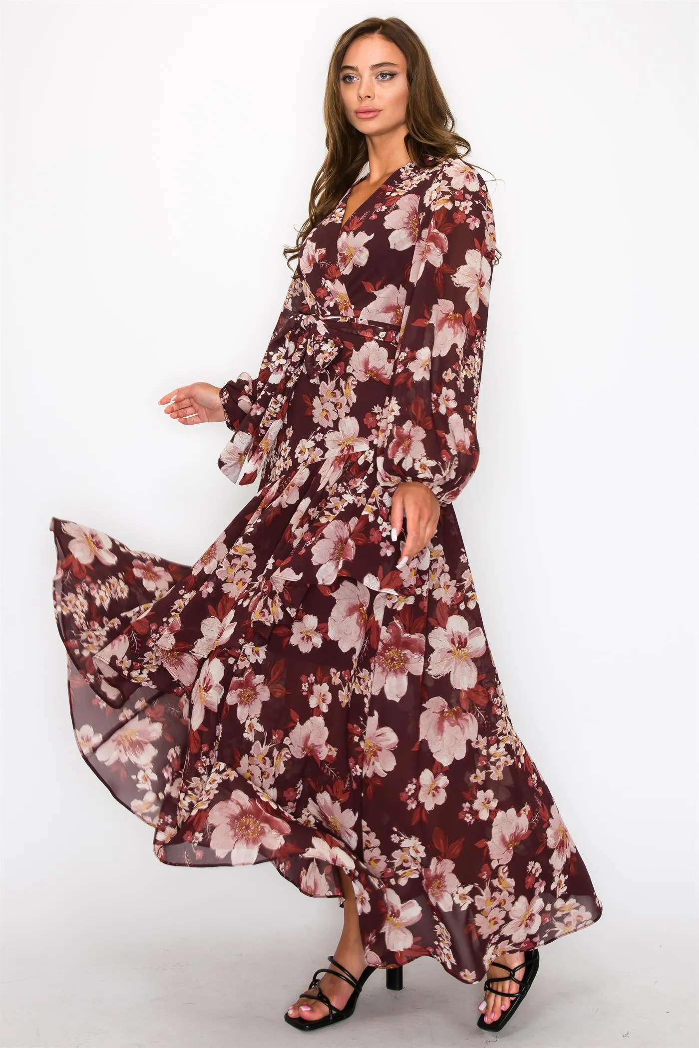 CHIFFON FLORAL LONG SLEEVE WRAP V-NECK MAXI DRESS