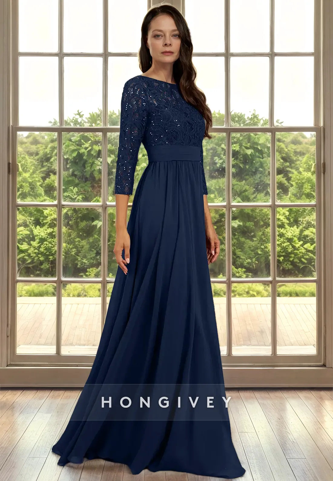 Classic A-Line Scoop 3/4 Sleeves Lace Applique Mother of the Bride Dress