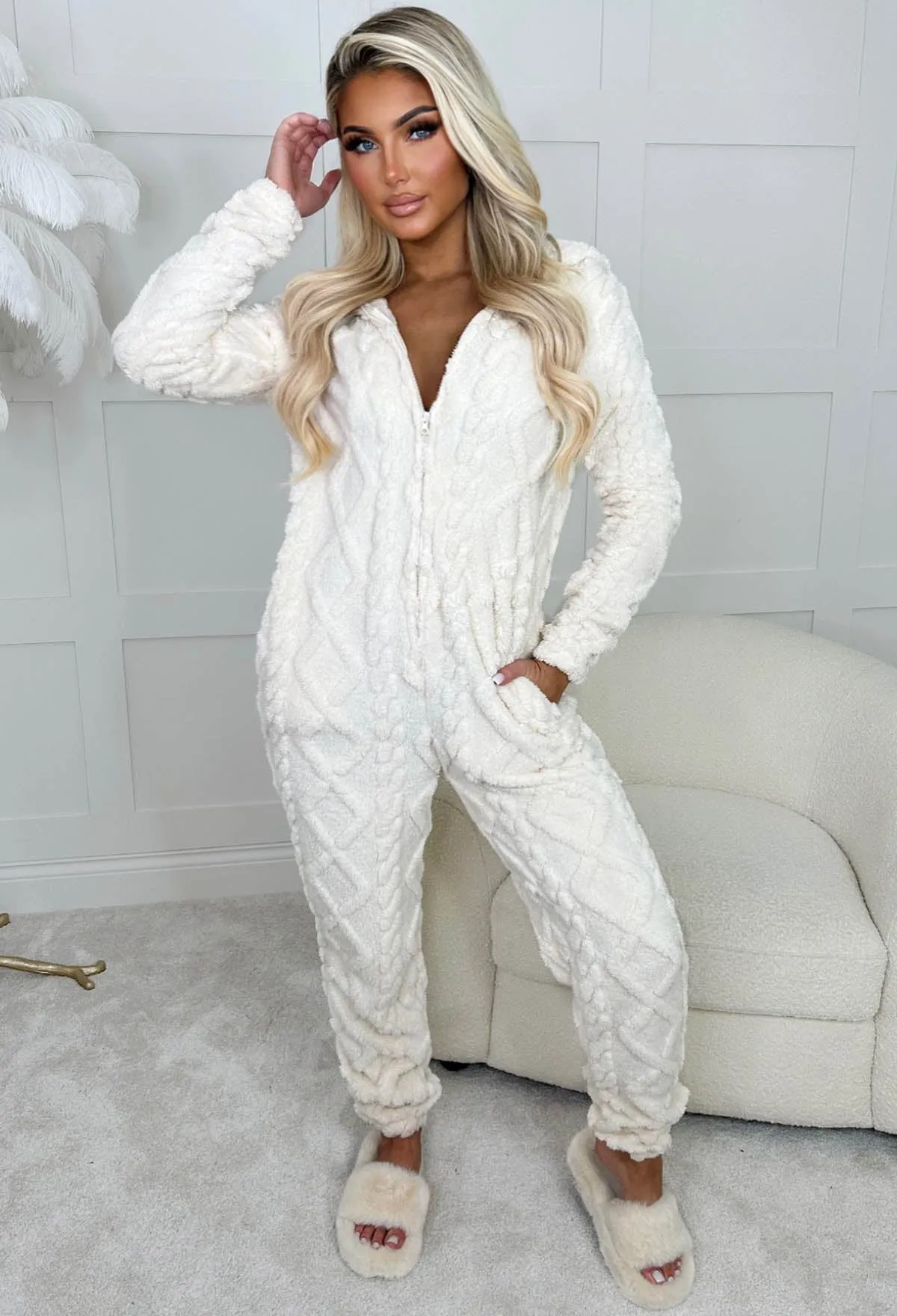 Cosy And Cute Cream Ultra Soft Cable Detail Fluffy Hooded Zip Up Onesie